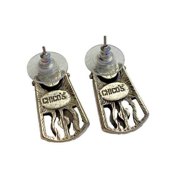 Chico's Chic Pierced Earrings Boho Artisan Stylized Black & Teal Enamel Accents - Picture 4 of 5